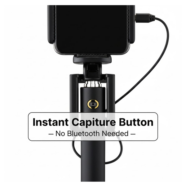 Set of selfie stick accessories, highlighting the aux wire and phone holder compatibility.