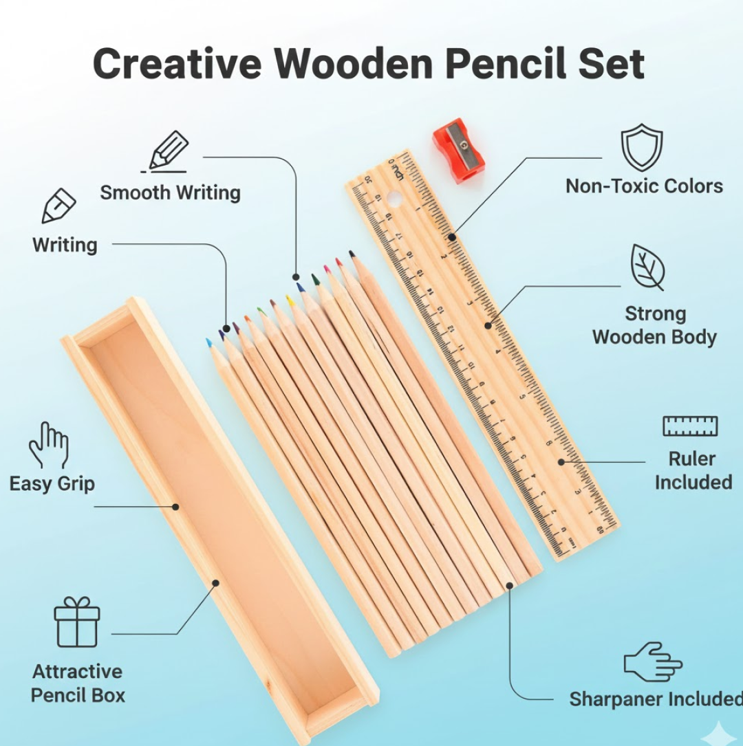 Wooden Pencil Set – 12 Pcs with Box & Sharpener | TinyTrendy Secondary image