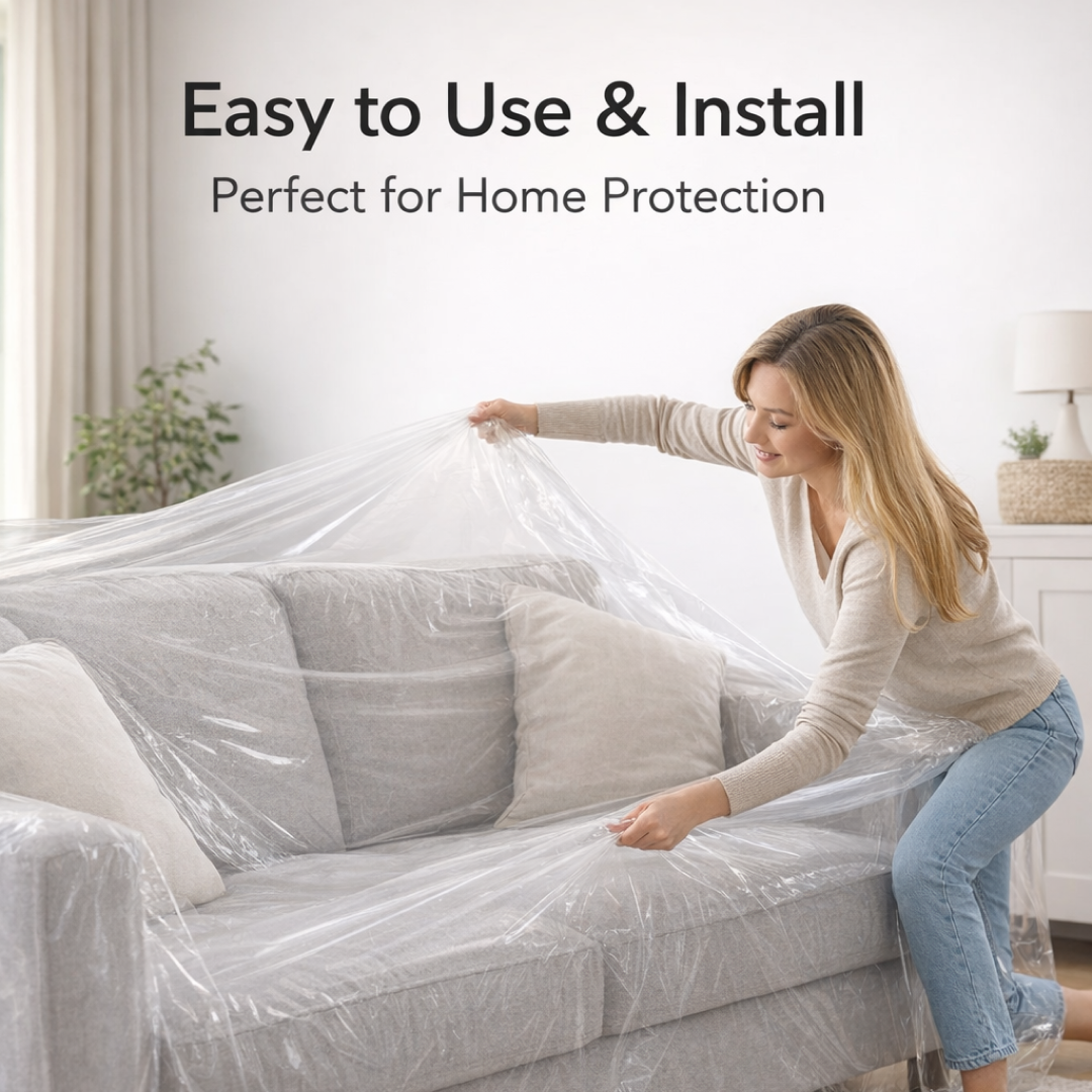 Person covering a beige sofa with a clear disposable furniture cover. Main image
