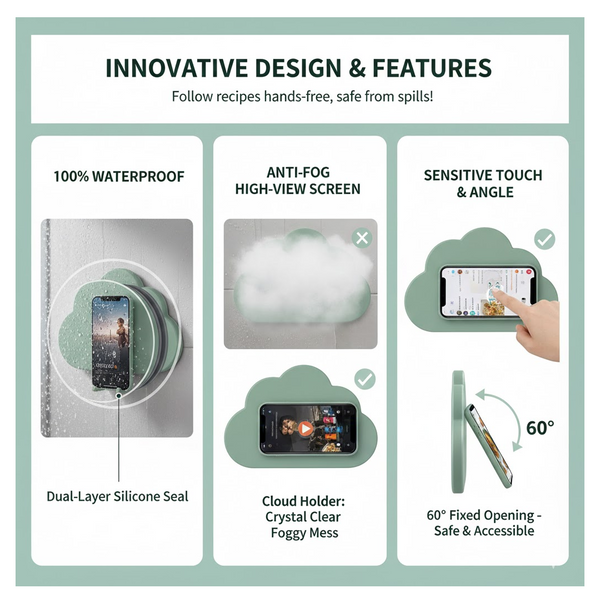 Waterproof mobile stand case securely mounted on a tiled bathroom wall.