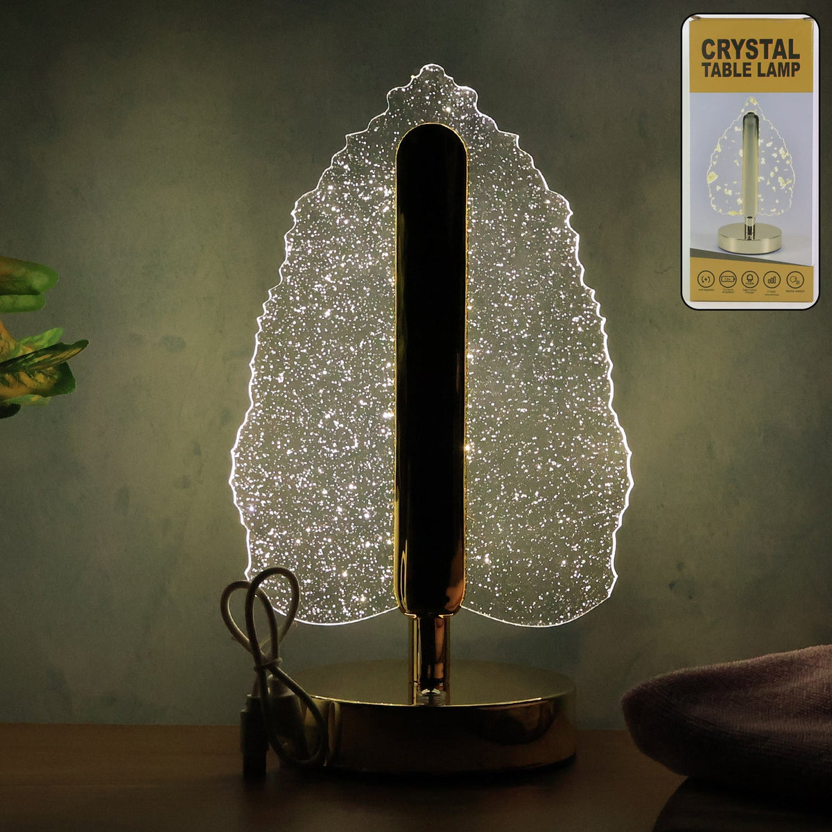 LED Crystal Table Lamp with USB powered leaf design creating warm ambient light Main image