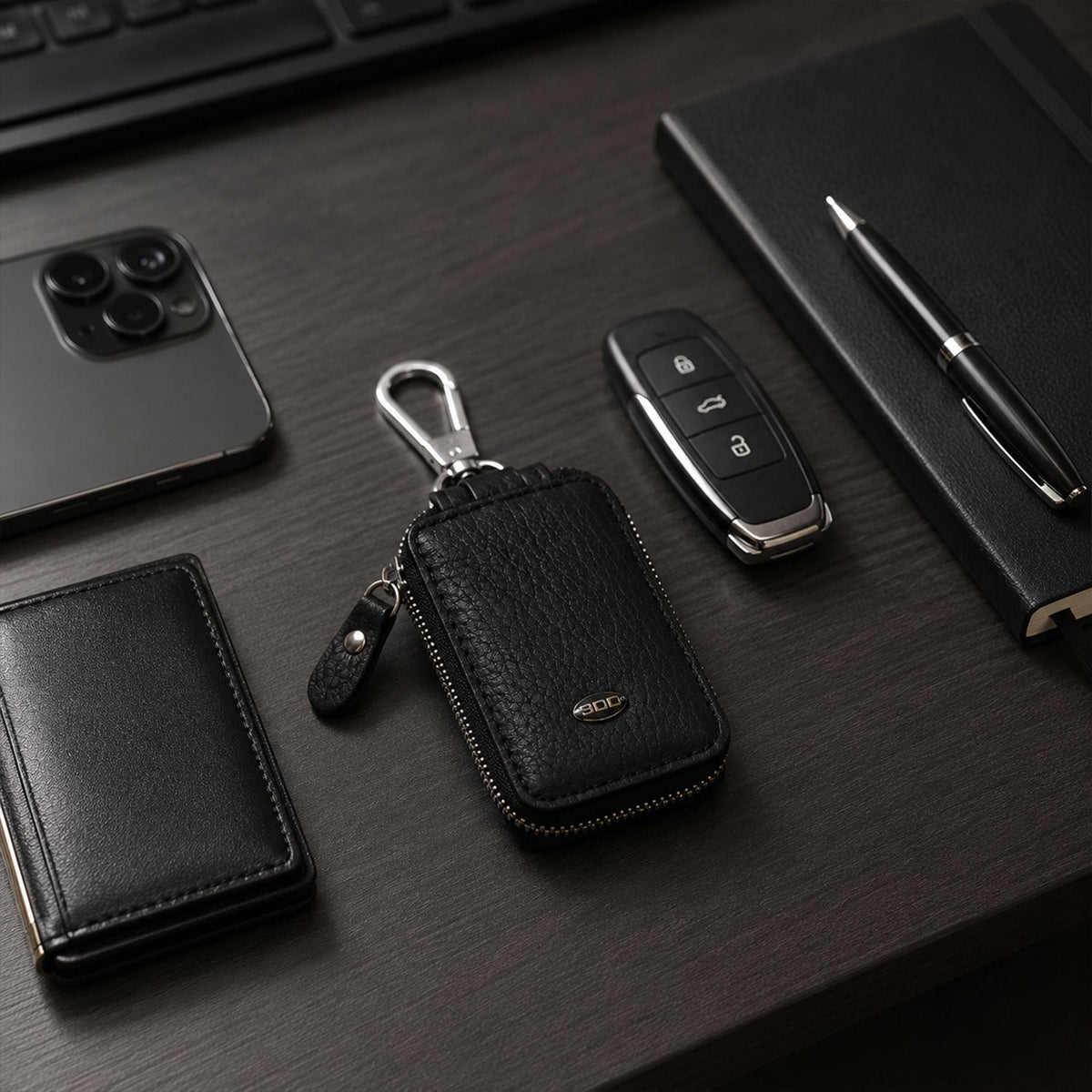 Black PU leather car key case with zipper and metal clip hook. Main image