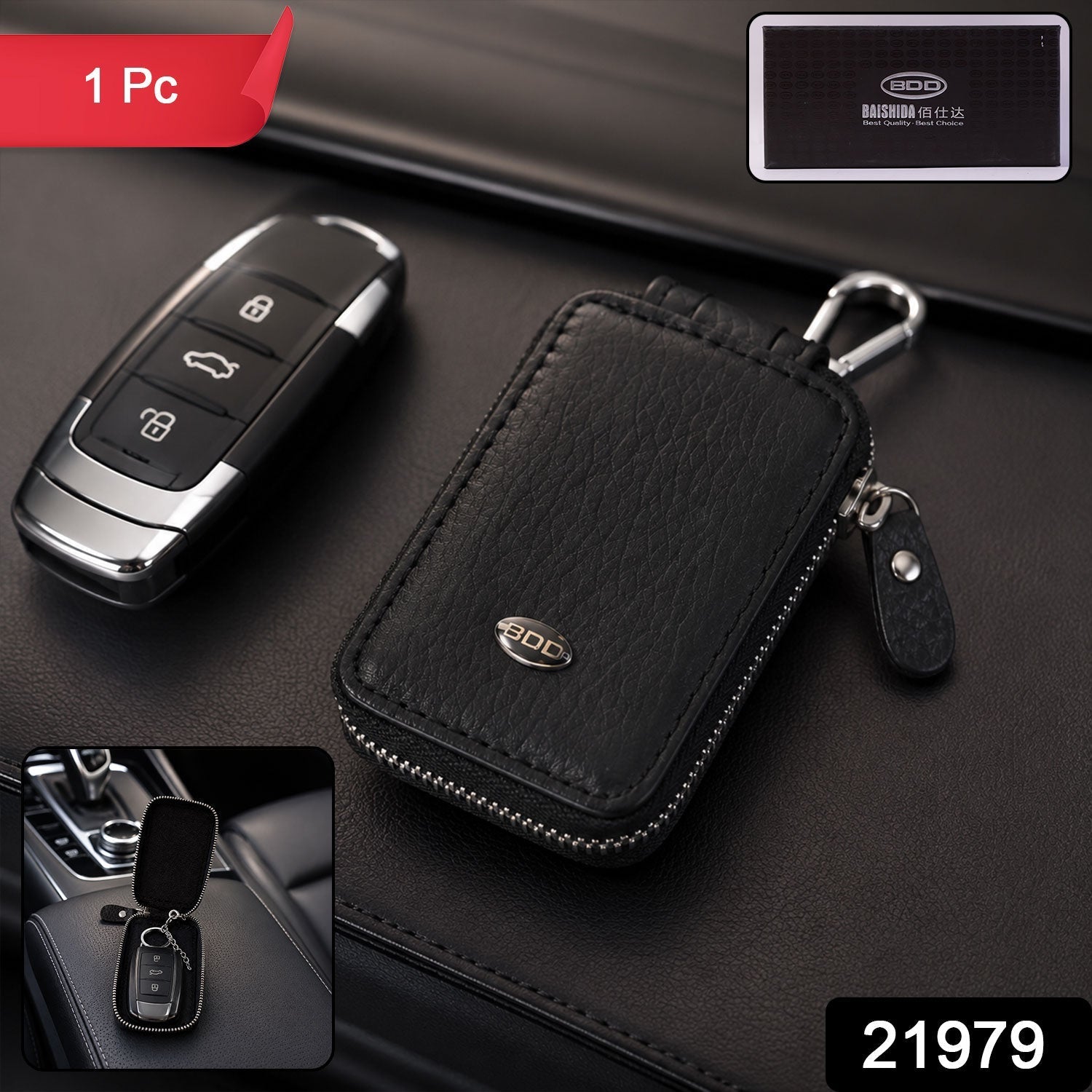 Car Key Case – Durable PU Leather with Zipper & Clip Secondary image