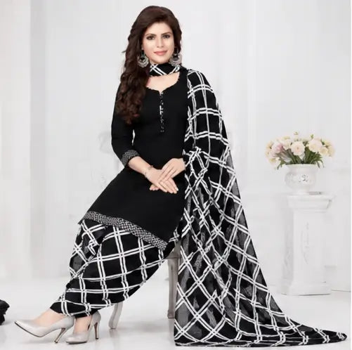 Women's Black Solid Crepe Suit Dress Material with Chiffon Dupatta – Unstitched 3-Piece Ethnic Set