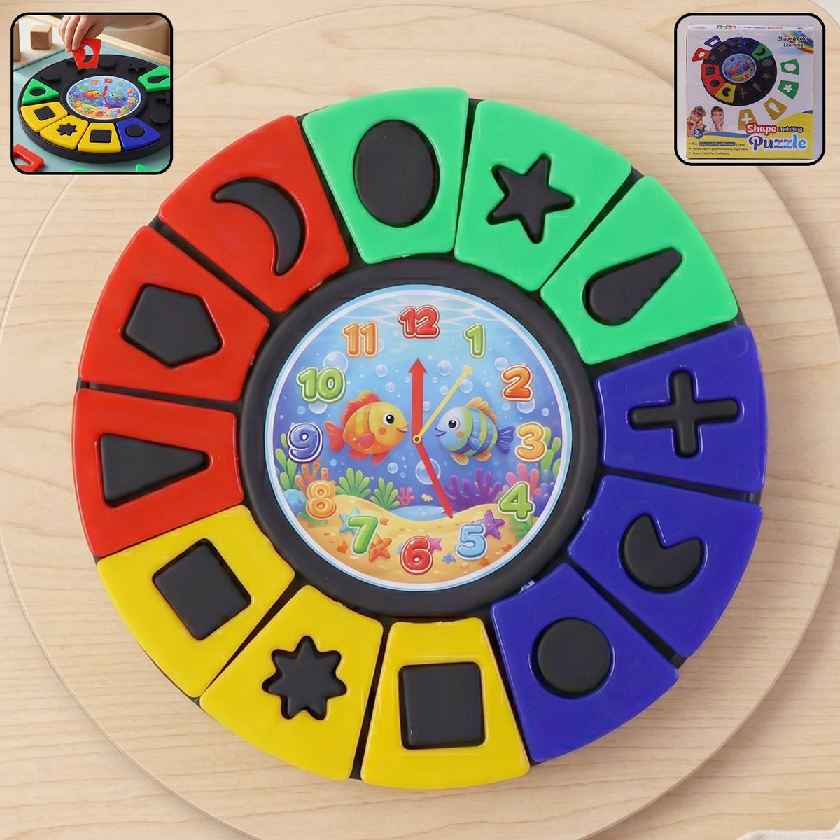 Colorful shape & color matching puzzle toy with clock face for toddlers Main image