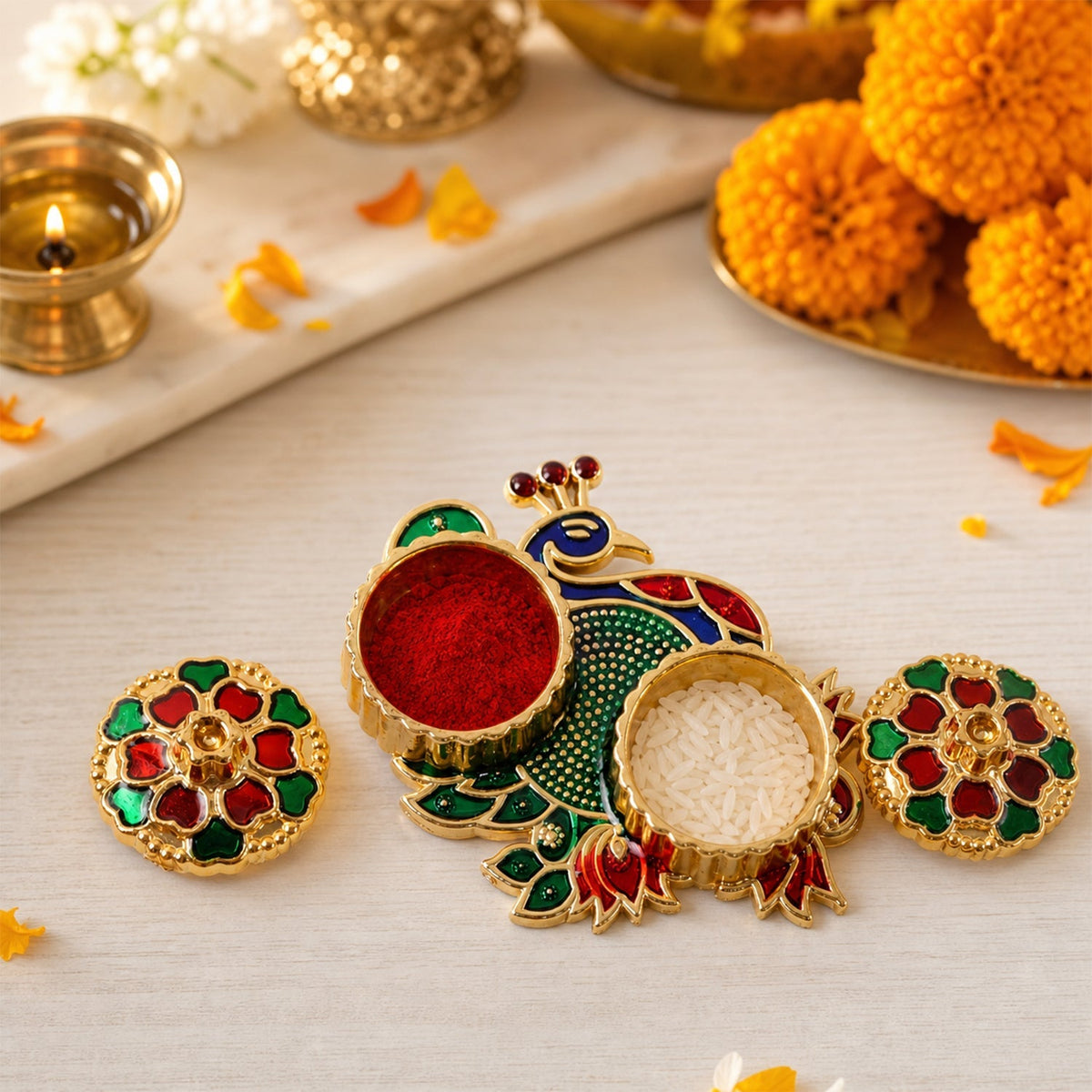 Golden peacock kumkum dani with stone work as a decorative pooja accessory Main image
