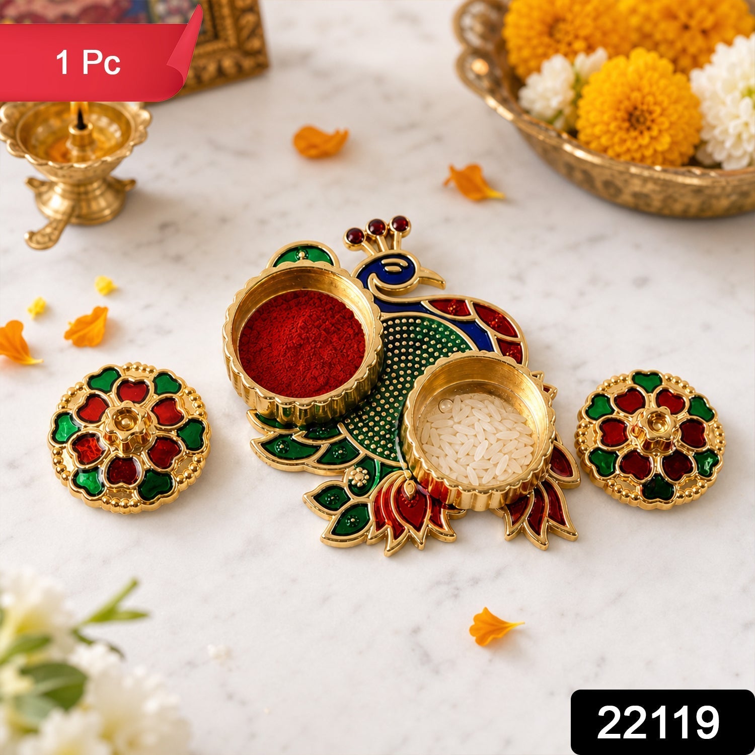 Peacock Kumkum Dani Kankavati – Elegant Pooja & Ritual Holder Secondary image