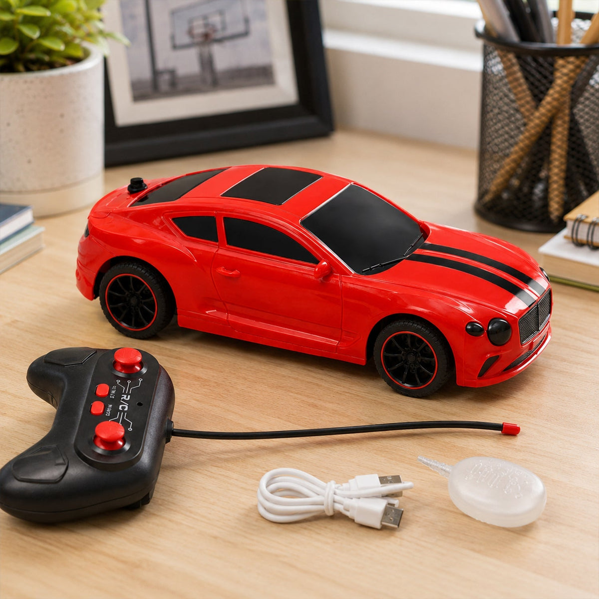 Child playing with high-speed remote control sports car with bright lights Main image