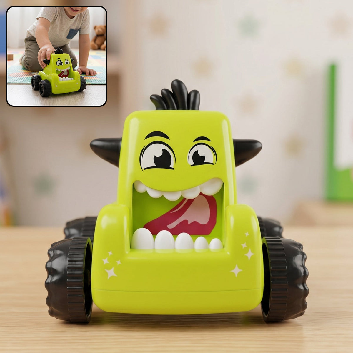 Vibrant cartoon monster push back car toy for children's playtime. Main image