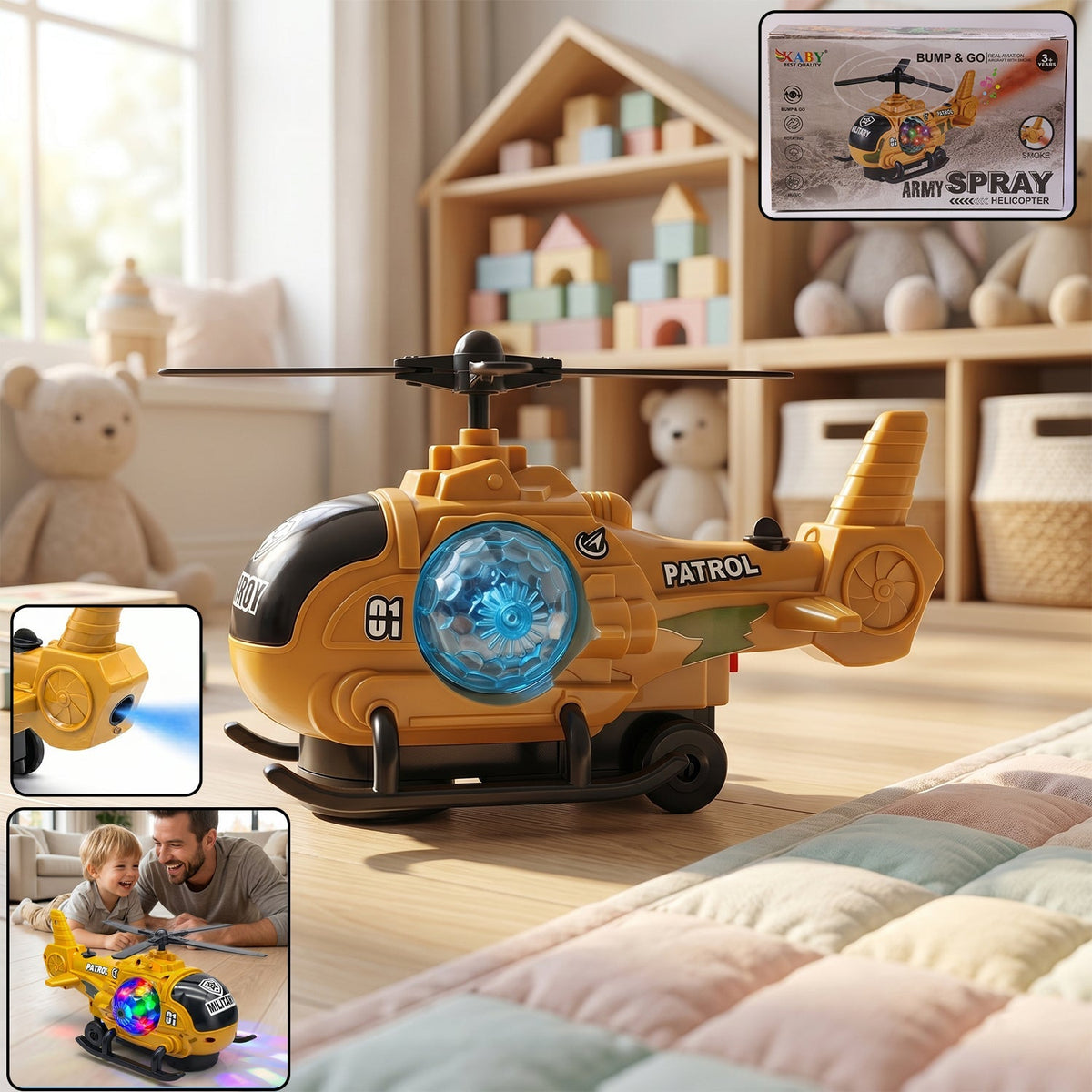 Military spray helicopter toy with lights and music for kids Main image