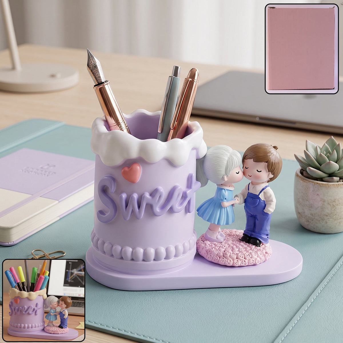 Resin sweet couple pen holder on desk with pens Main image