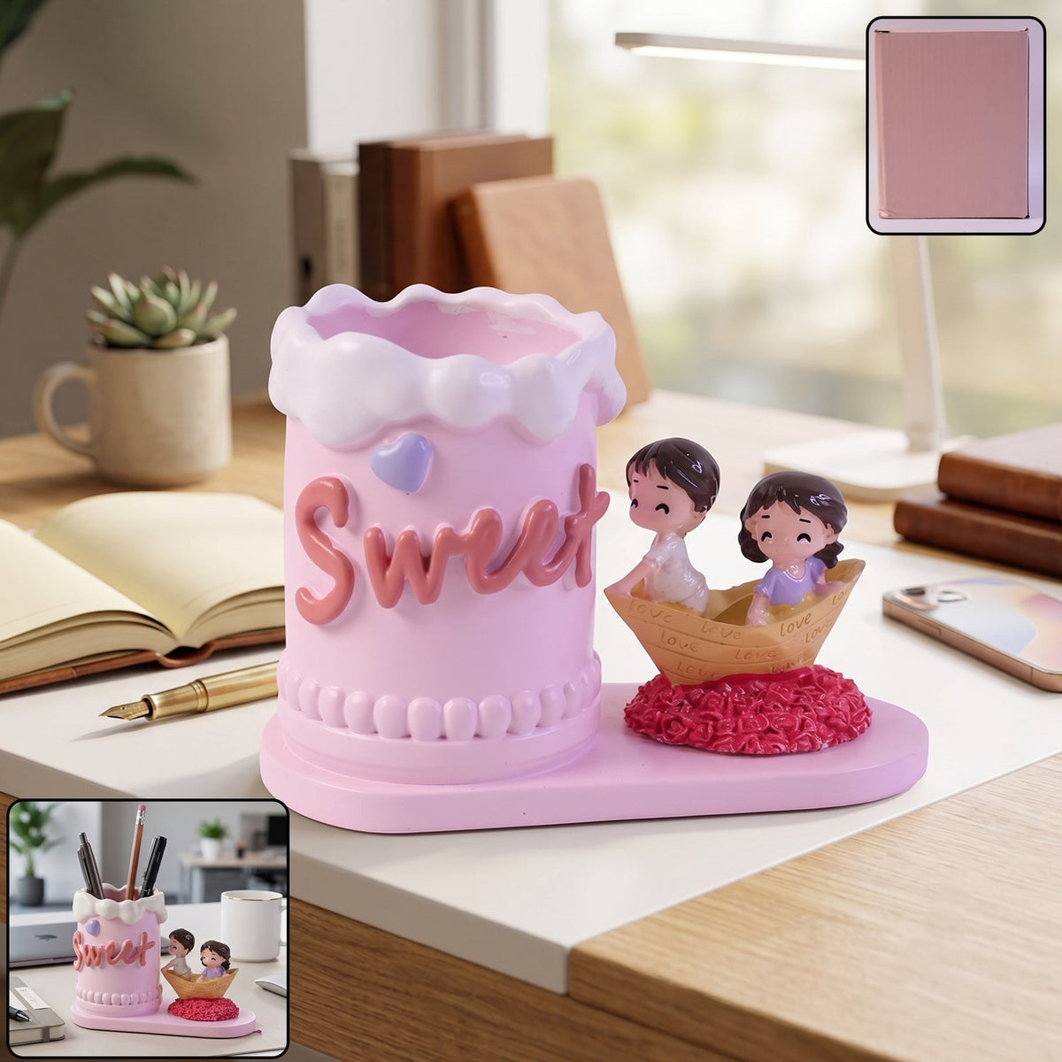 Charming resin couple pen holder in pastel pink color Main image