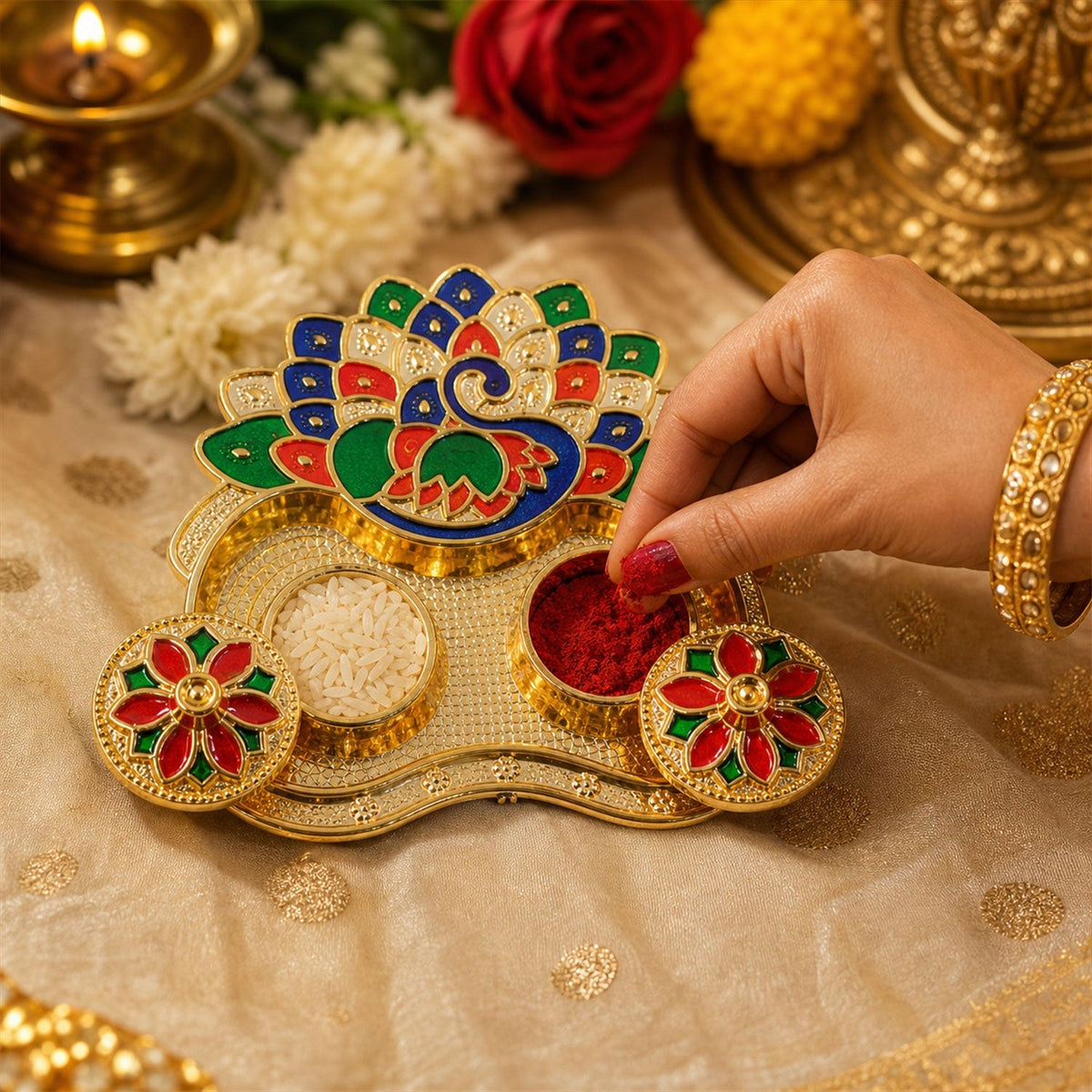 Decorative peacock-shaped kumkum holder with jewel accents Main image