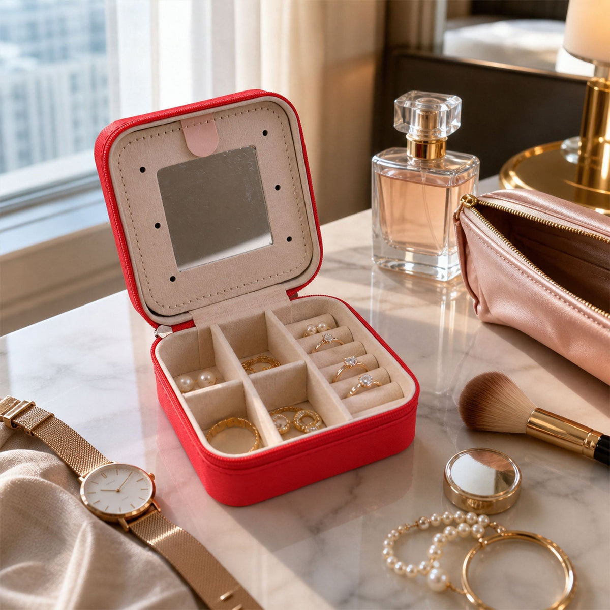 Mini jewelry organizer box with mirror and compartments Main image