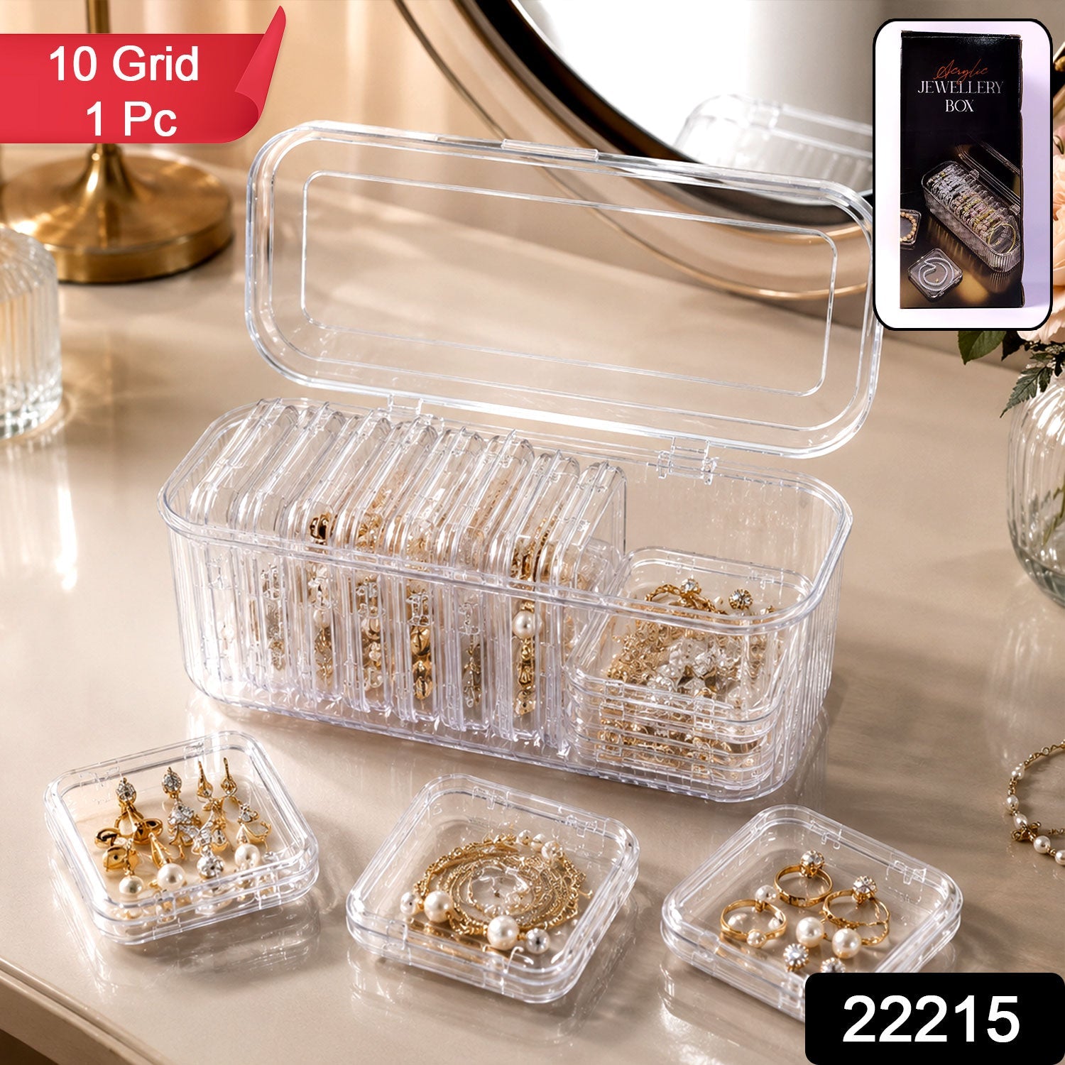 Acrylic Jewellery Storage Box – Clear Organizer with 10 Compartments Secondary image