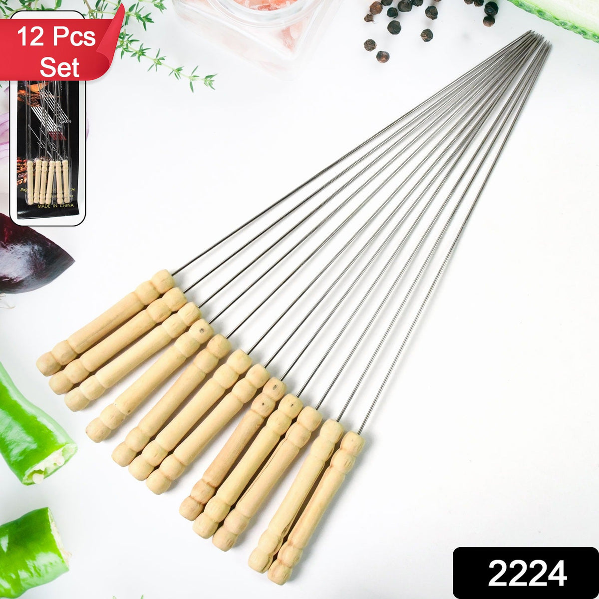Close-up of a single stainless steel BBQ skewer with ergonomic wooden handle. Main image