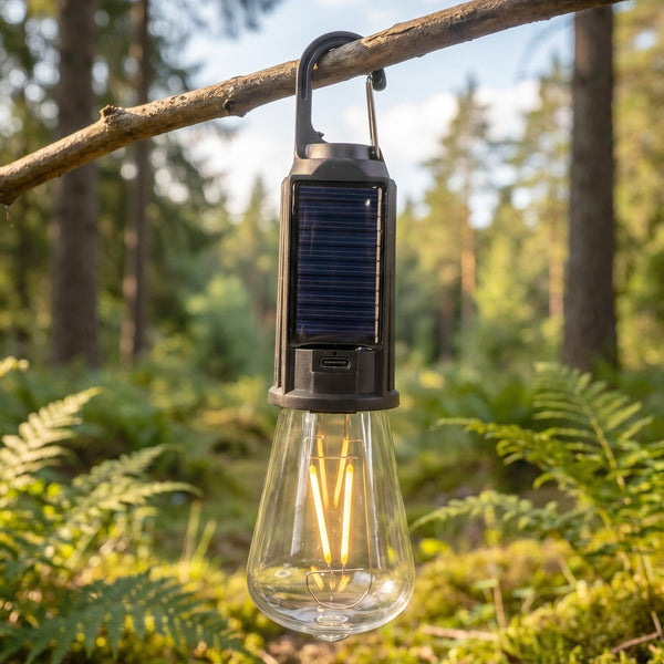 Solar & Type-C rechargeable camping lamp with vintage LED bulb for outdoor use