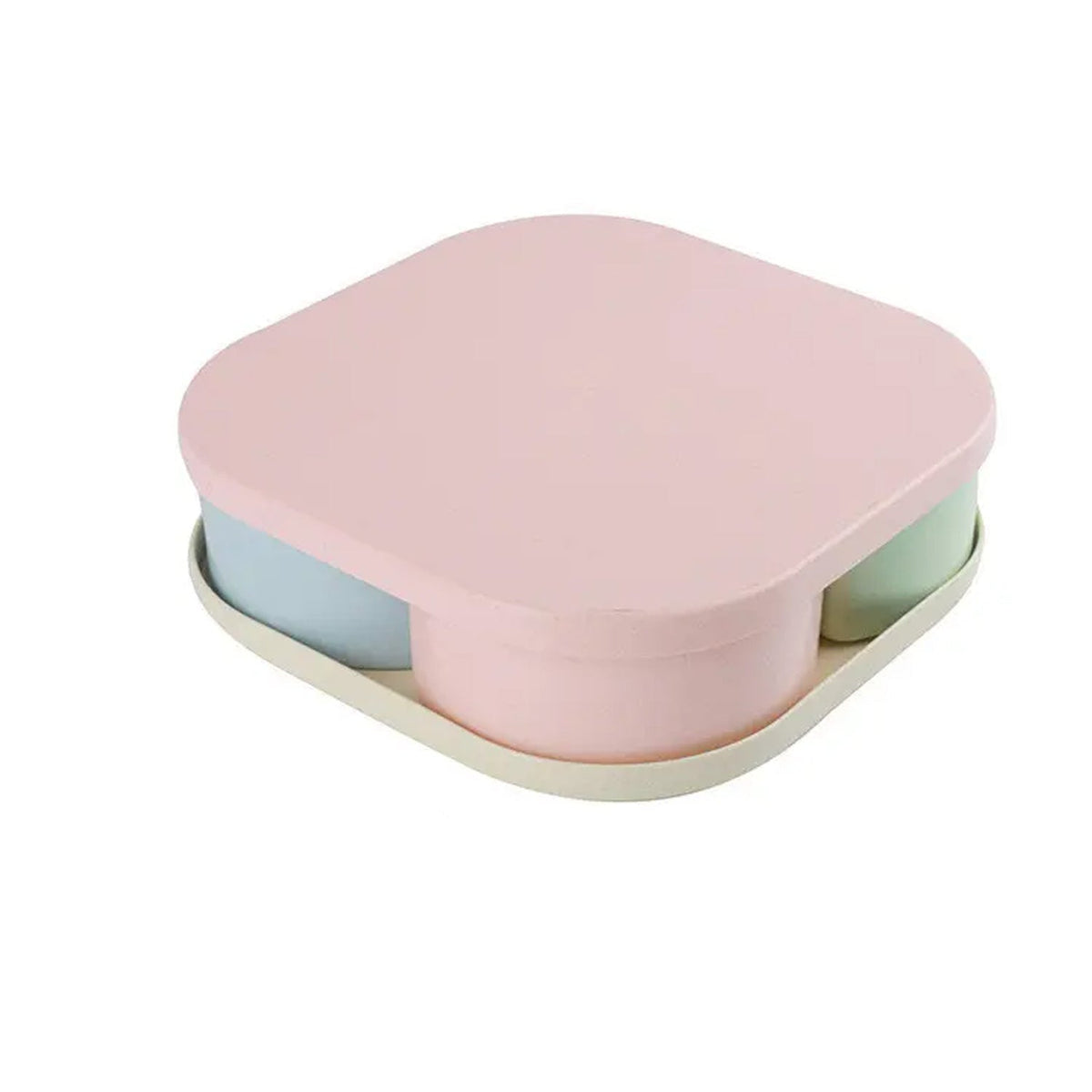A multi-compartment Divided Snack Box in a dual-color woven design, filled with dry fruits. Main image