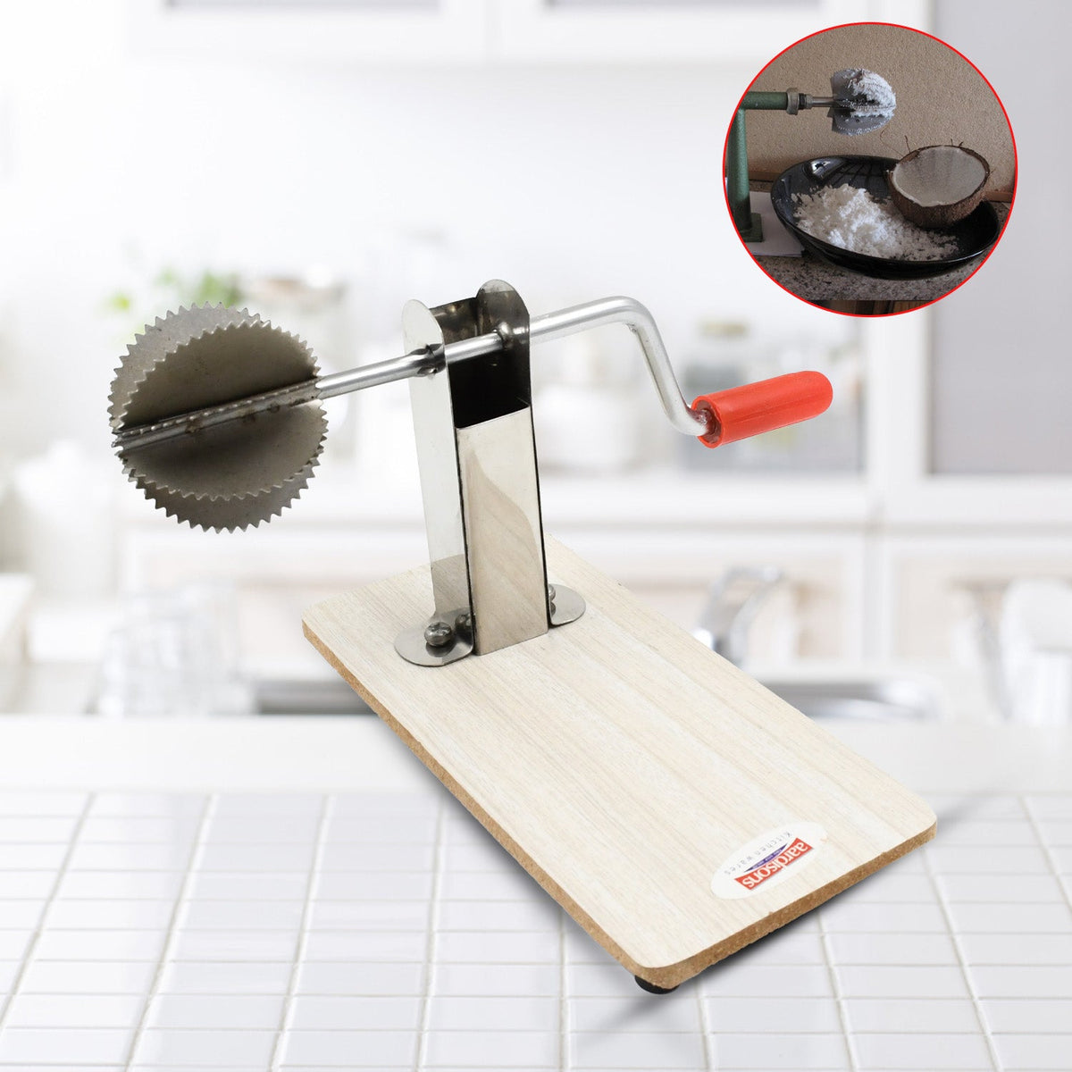 Hand roller stainless steel coconut scraper with wooden base Main image