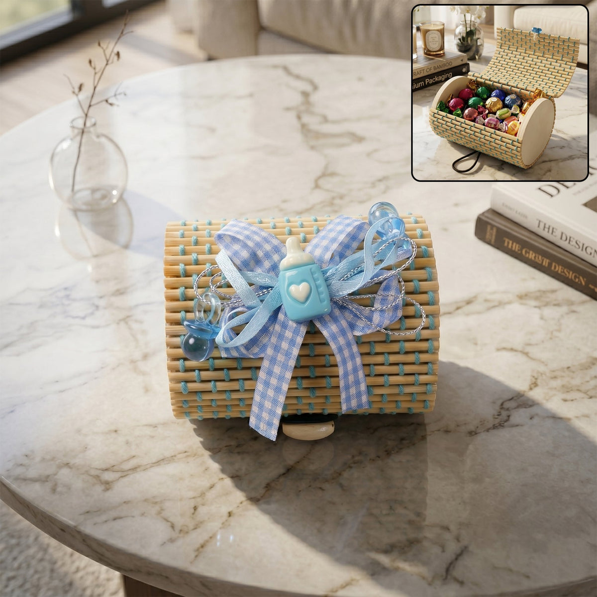 Handwoven mini bamboo gift box with a decorative ribbon bow and hinged lid Main image