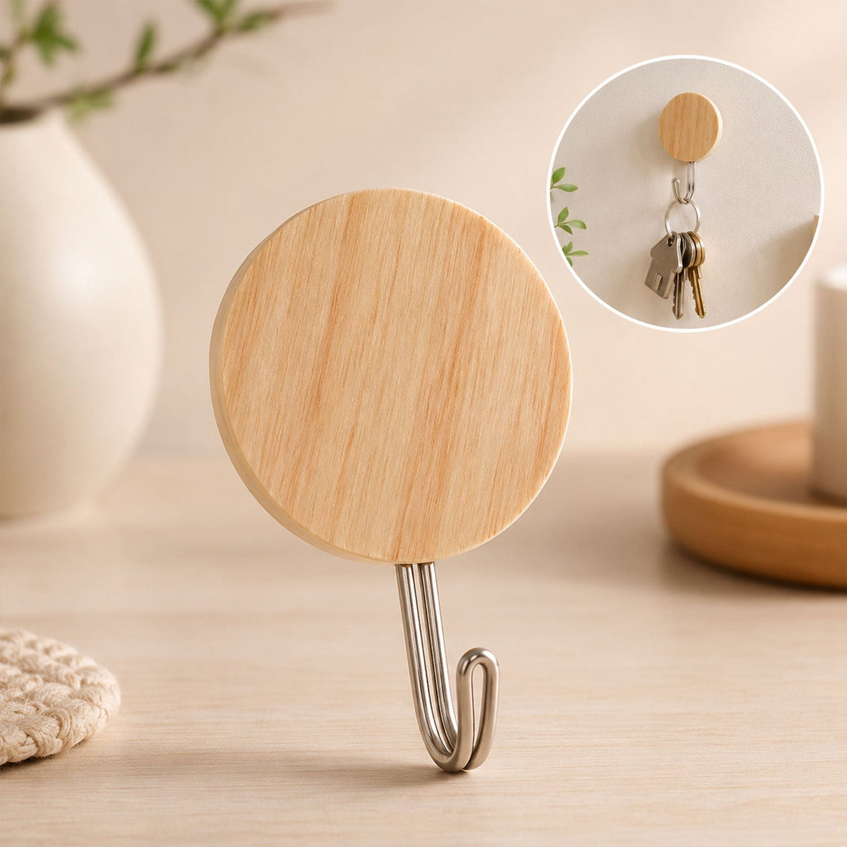 Self adhesive wall hooks 18pc set with wooden finish Main image
