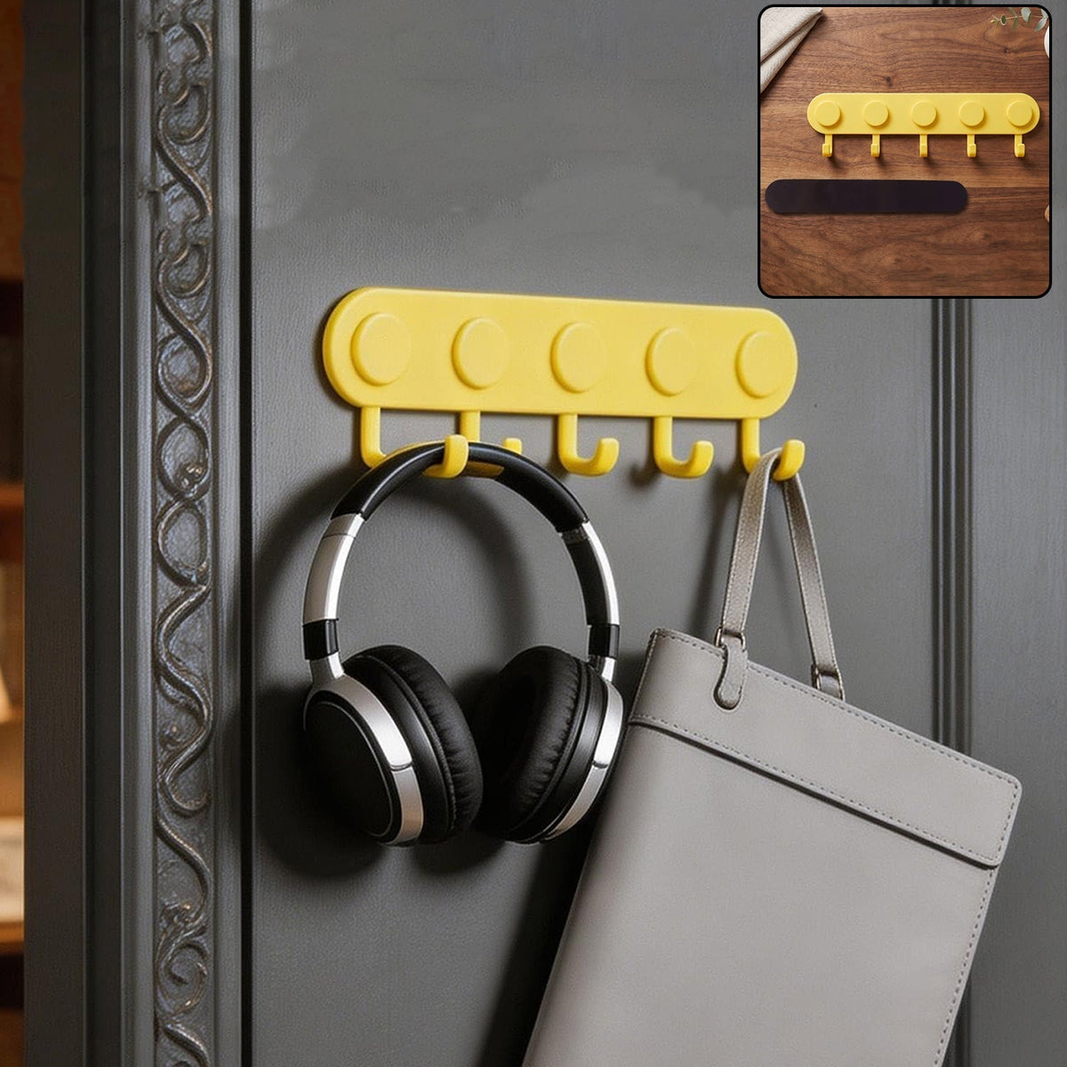 Self-adhesive plastic 5-hook wall hanger in use Main image