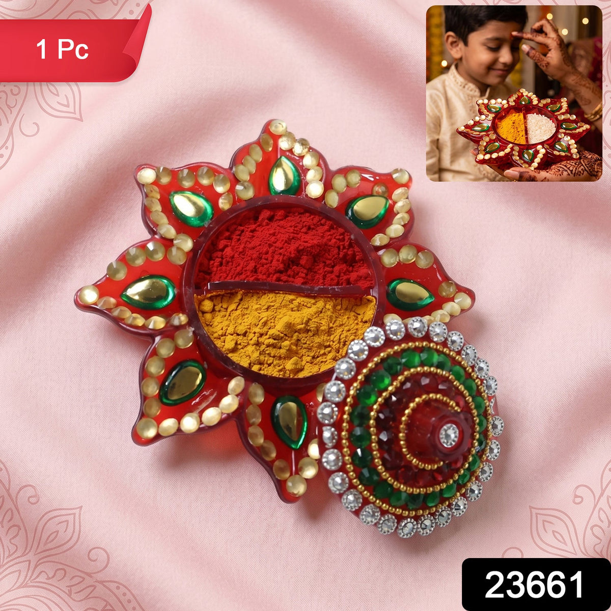 Vibrant decorative kumkum dani with intricate stone work lid. Main image