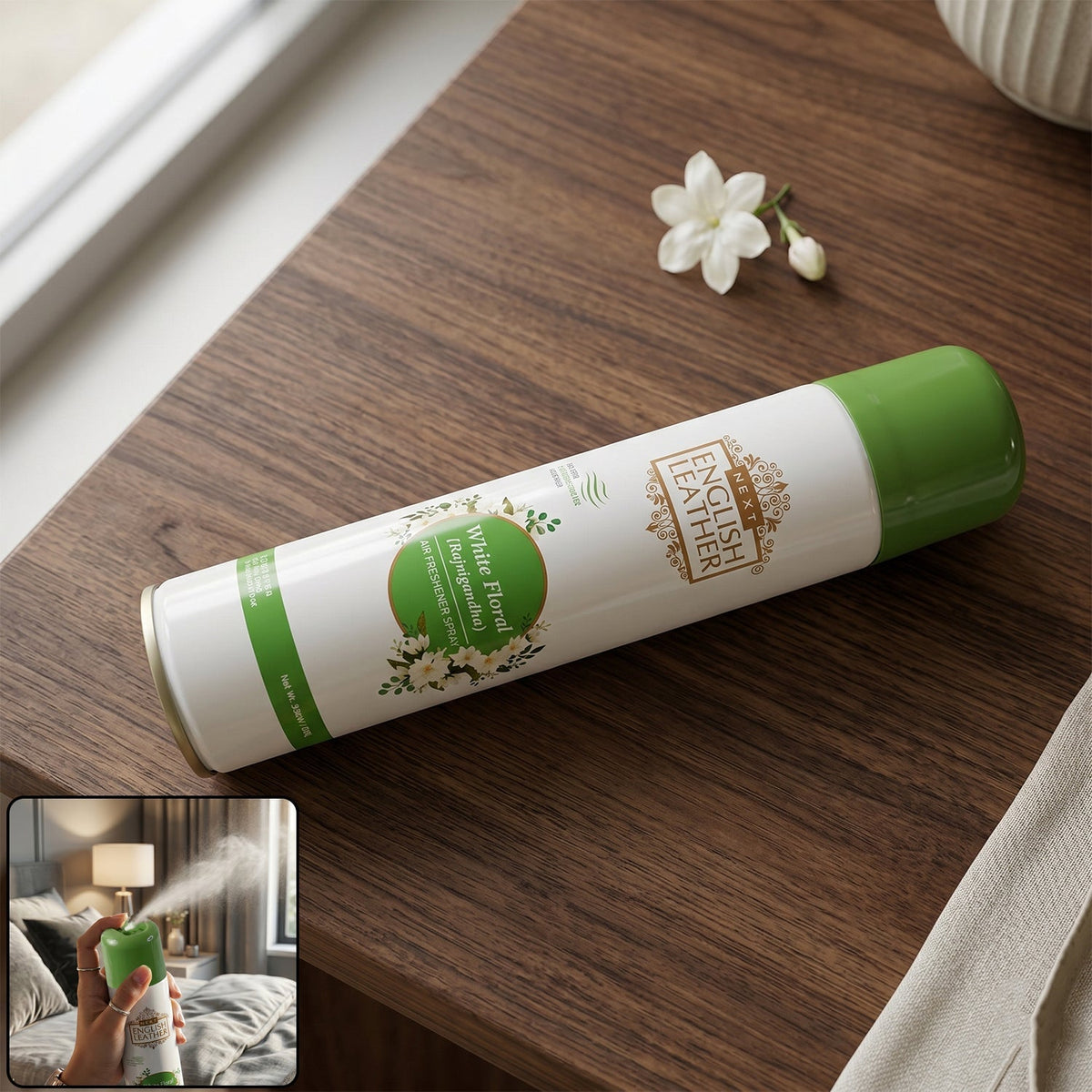 Next white floral air freshener spray in a sleek can Main image