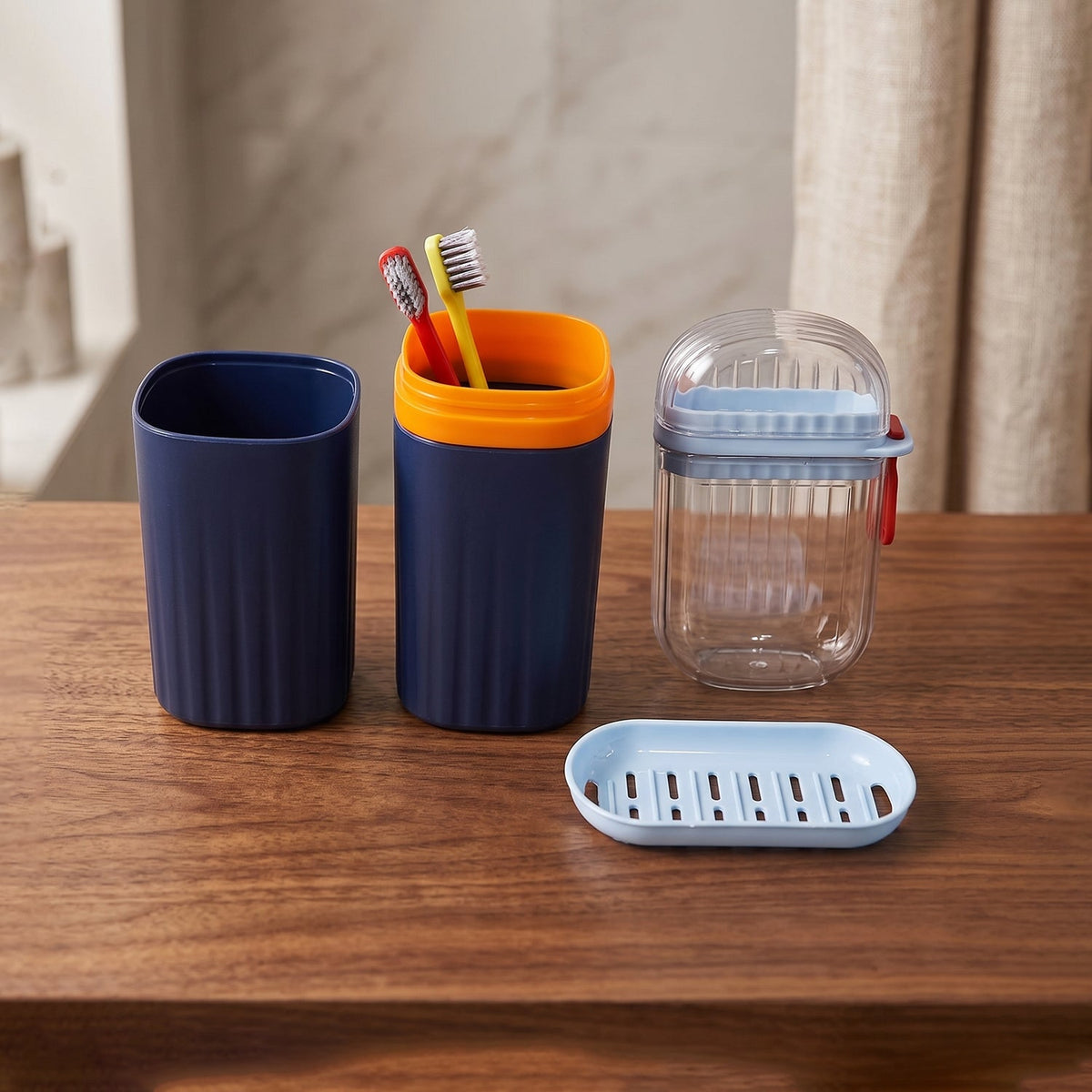 Bathroom accessories combo set in navy blue, includes tumbler, toothbrush holder, soap dish Main image
