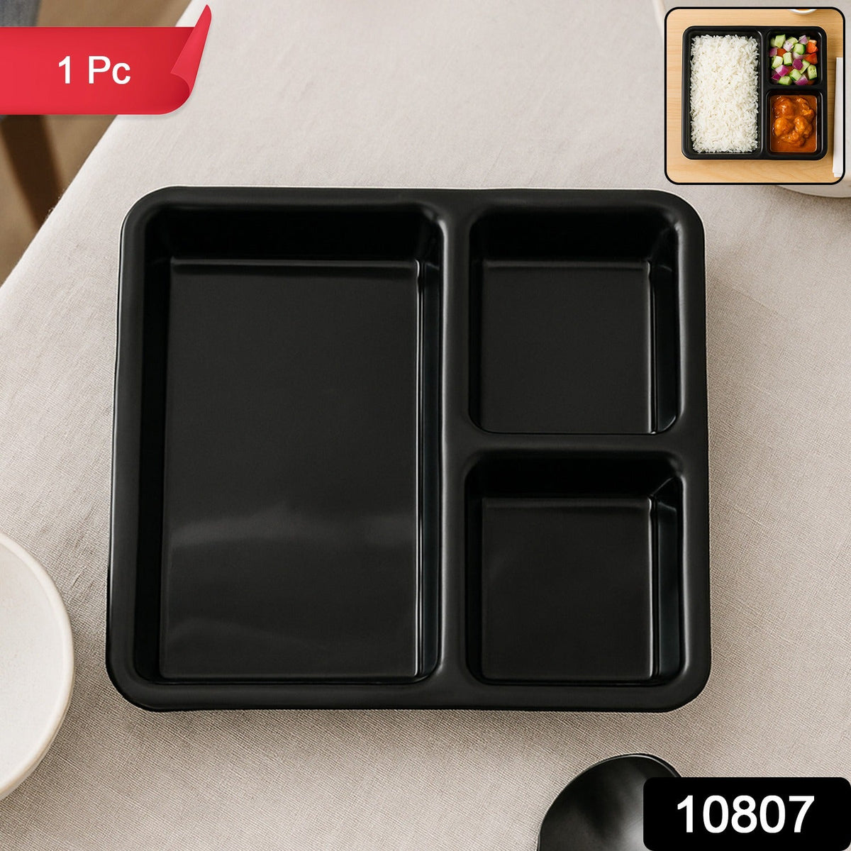 Rectangular 3-compartment meal serving tray for organized dining Main image