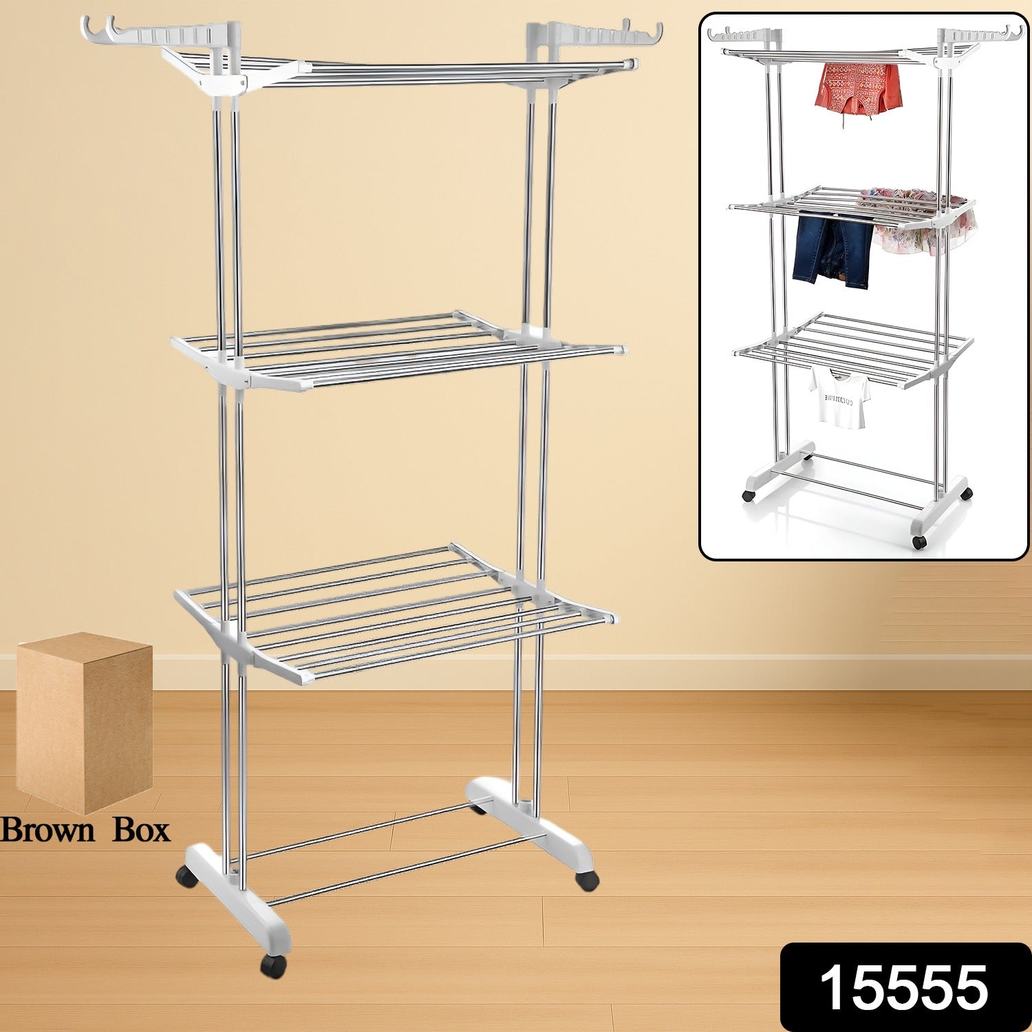 Cloth Drying Stand – 3-Tier Foldable Stainless Steel with Wheels Secondary image