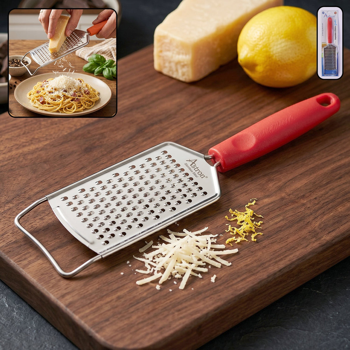 Stainless steel handheld cheese grater with plastic handle for kitchen use Main image