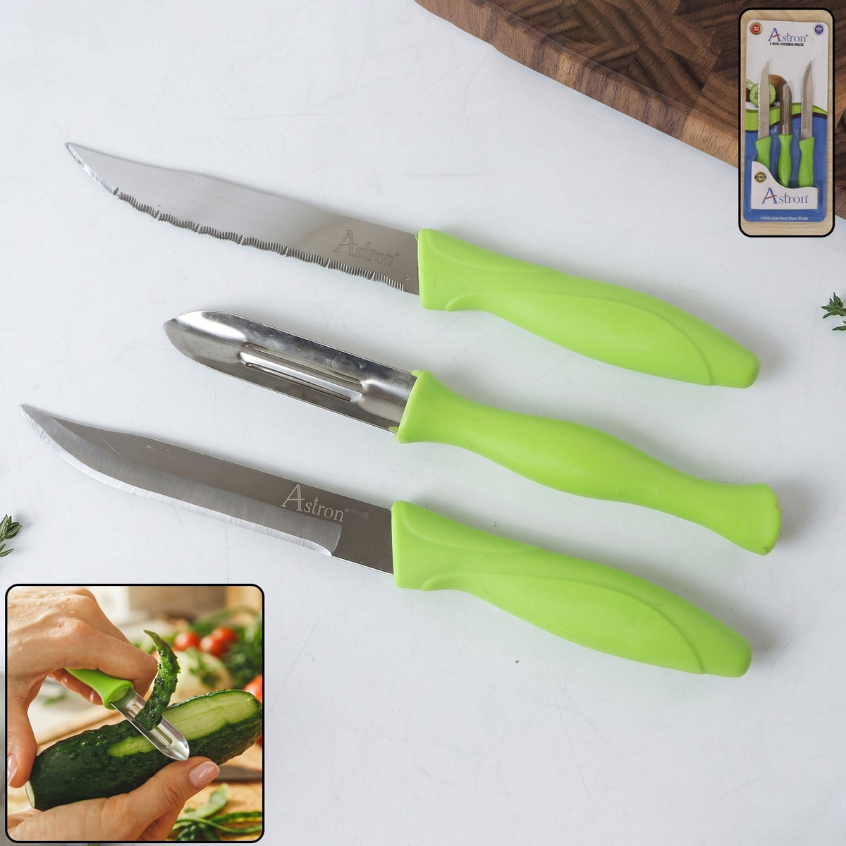 3-piece stainless steel kitchen knife and peeler combo set Main image