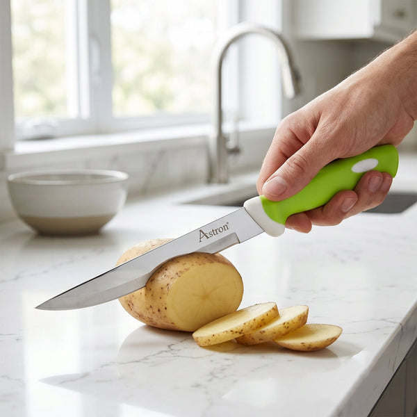 Hand slicing vegetables with 9-inch kitchen knife