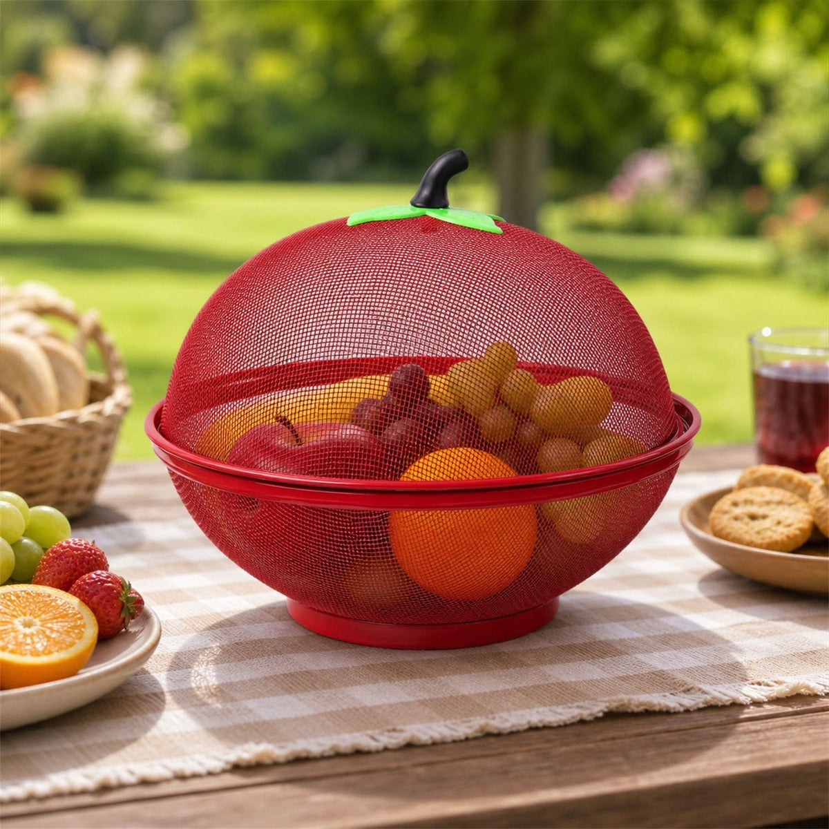 Apple shaped metal net fruit basket with red dome cover for kitchen use Main image