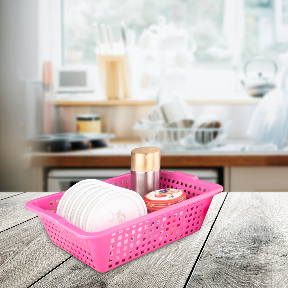 Handwoven cane fruit basket on a kitchen counter. Main image