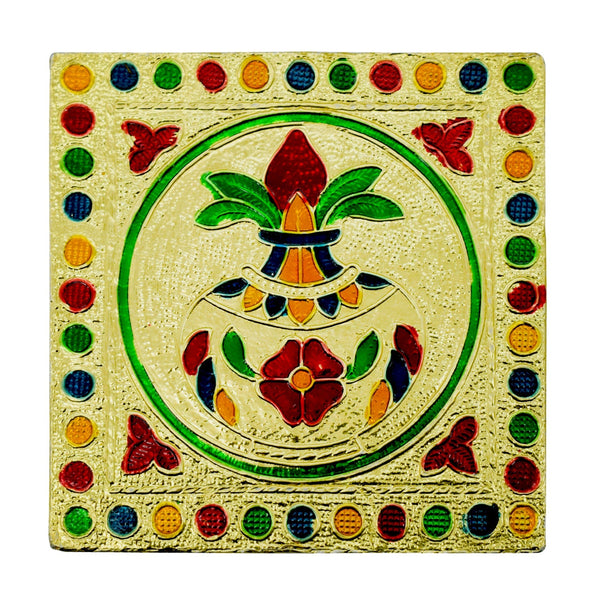 Artistic wooden bajot with a vibrant hand-painted surface, showcasing traditional Indian art.