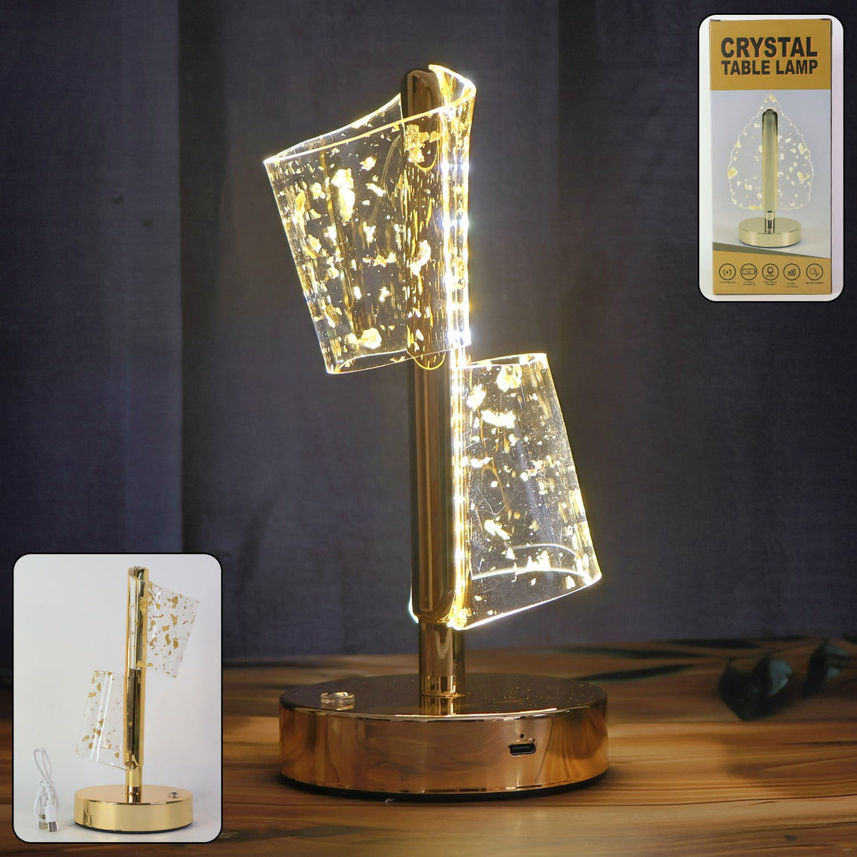 Golden Crystal LED Double Shade Table Lamp illuminating warm light Main image
