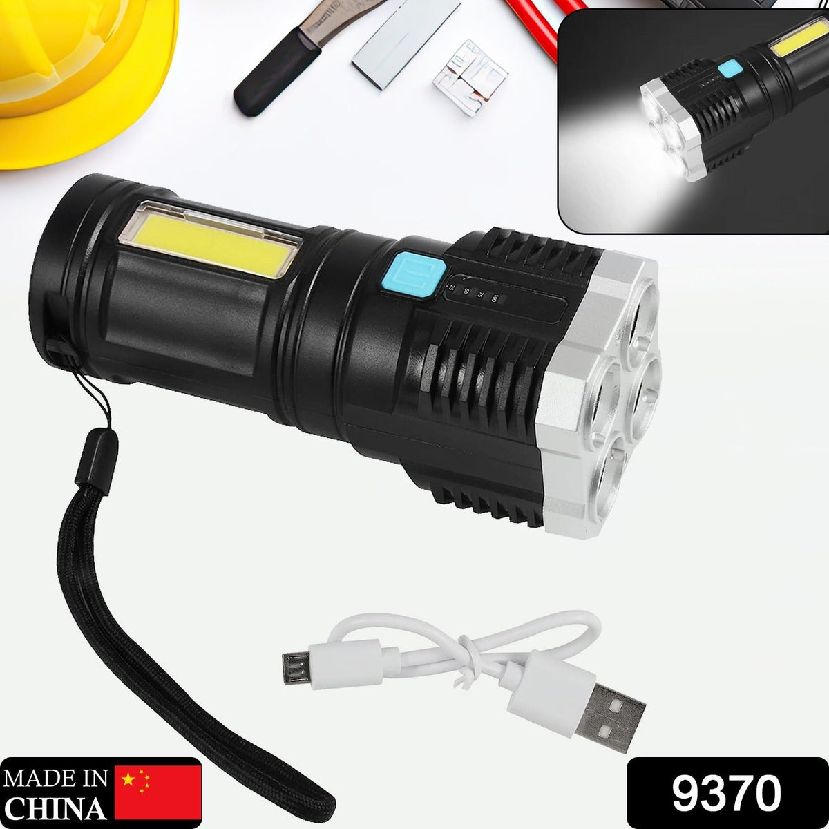 A black and silver flashlight with a wrist strap and a white USB charging cable on a white background with tools. Main image