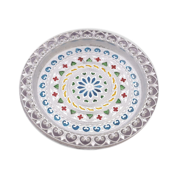 Beautifully crafted silver plated thali, ready for your sacred offerings.