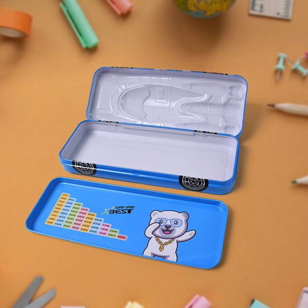 A child happily using the car shape metal pencil case at their study desk.