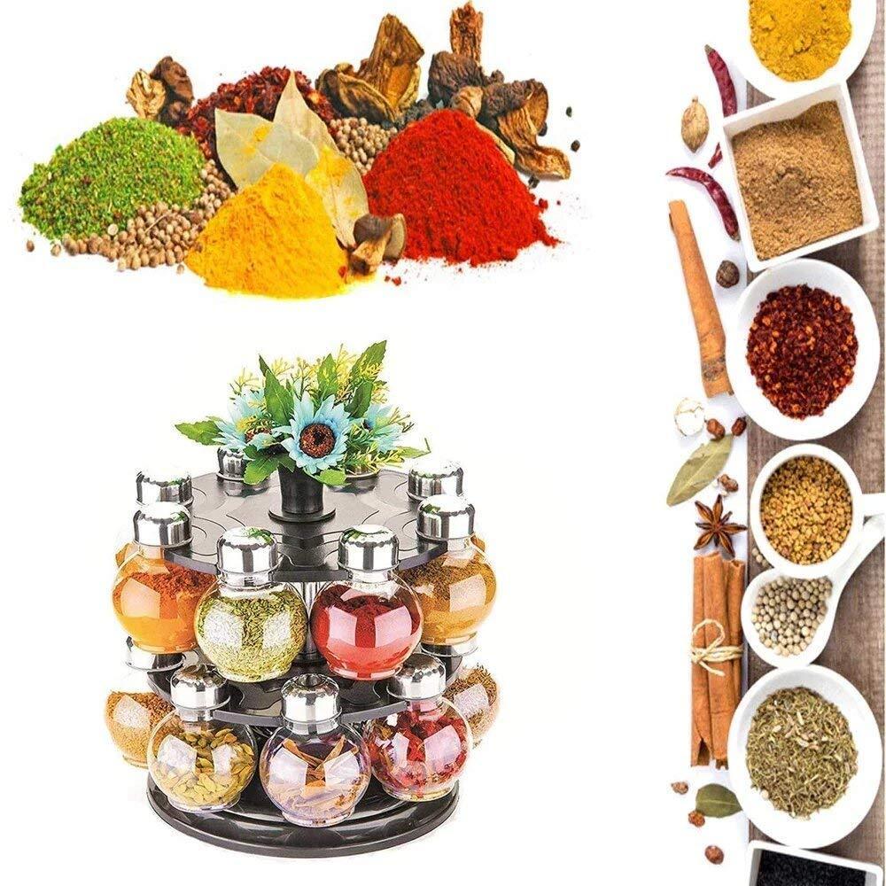 Revolving spice rack with 16 transparent jars, showcasing organized spices. Main image