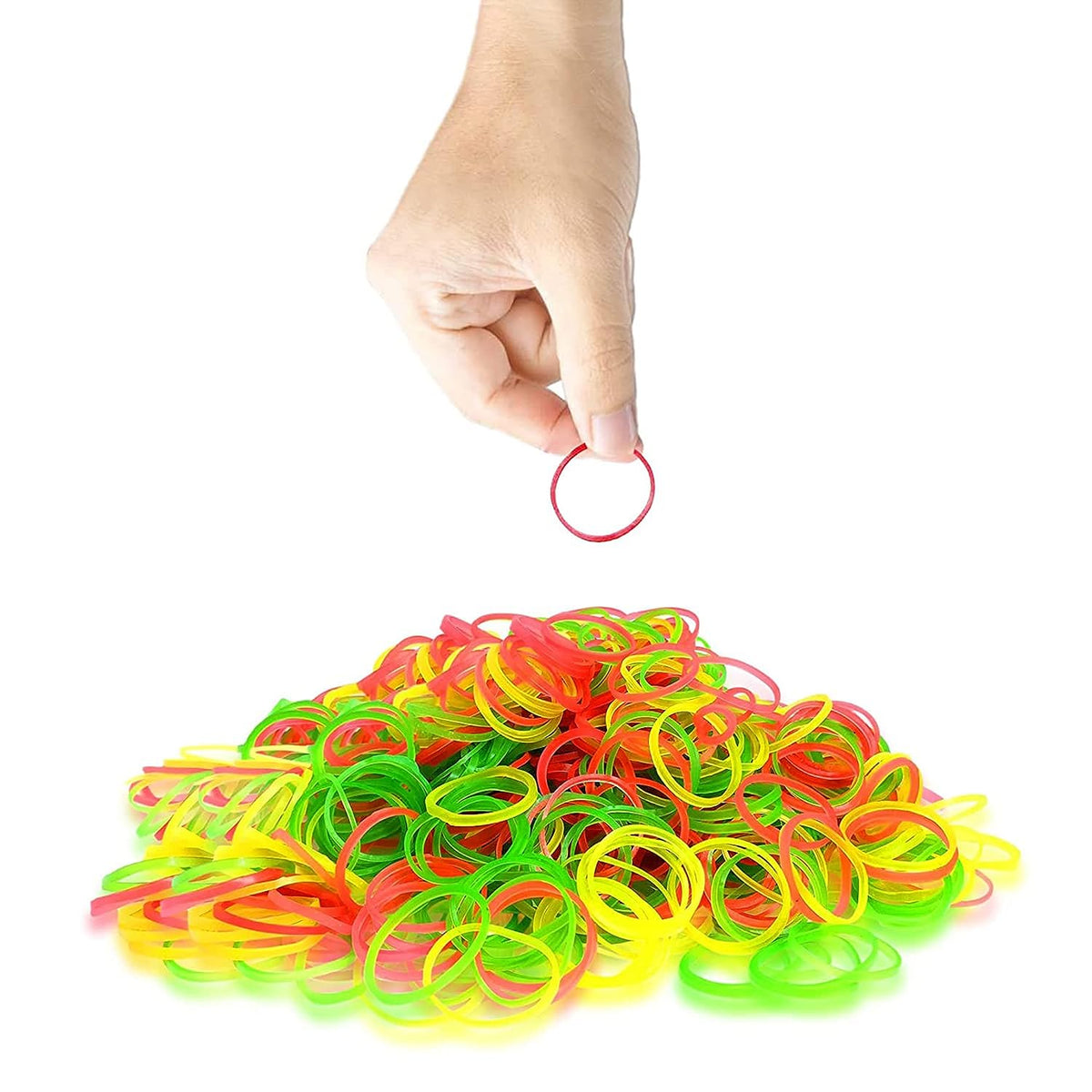 A colourful pile of 2-inch nylon rubber bands, ideal for office and home organization. Main image