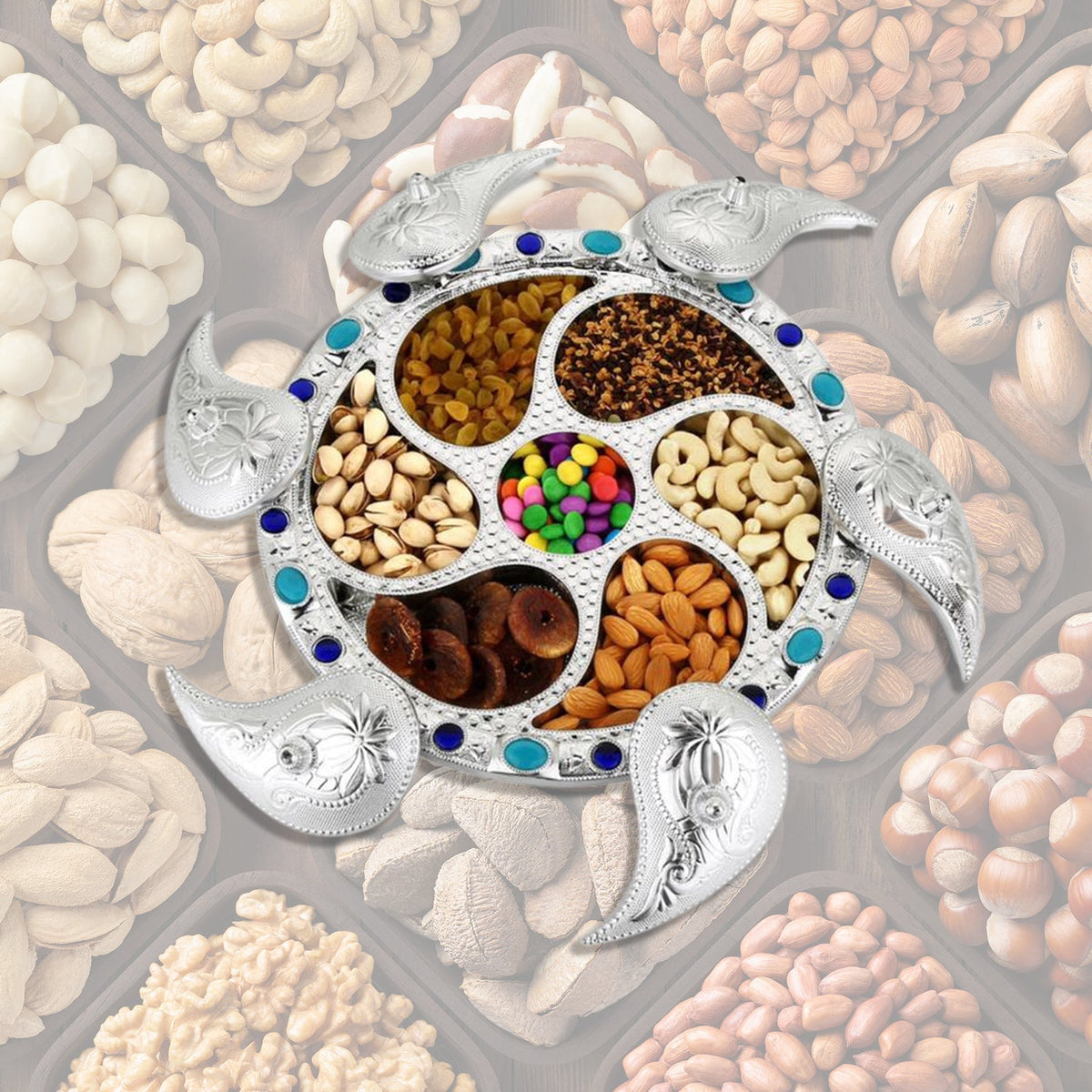 Rotating Dry Fruit Tray with 7 compartments, elegantly filled with Indian snacks. Main image