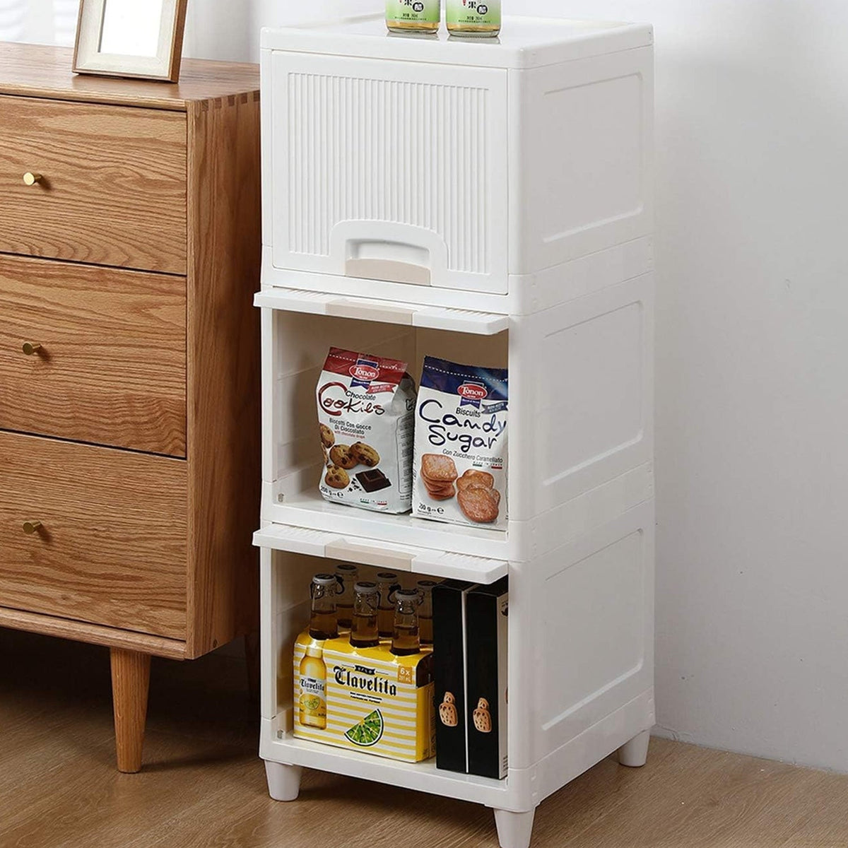Front view of the Organivo 3-layer plastic storage cabinet in a neutral setting. Main image