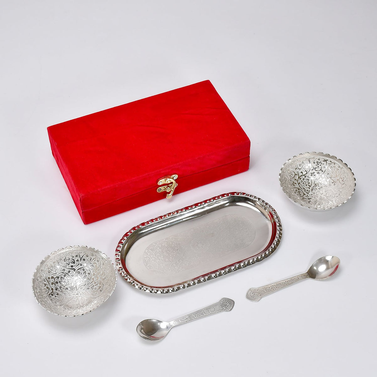 Elegant silver plated bowl set with two bowls, two spoons, and a tray, presented in a luxurious red velvet gift box. Main image