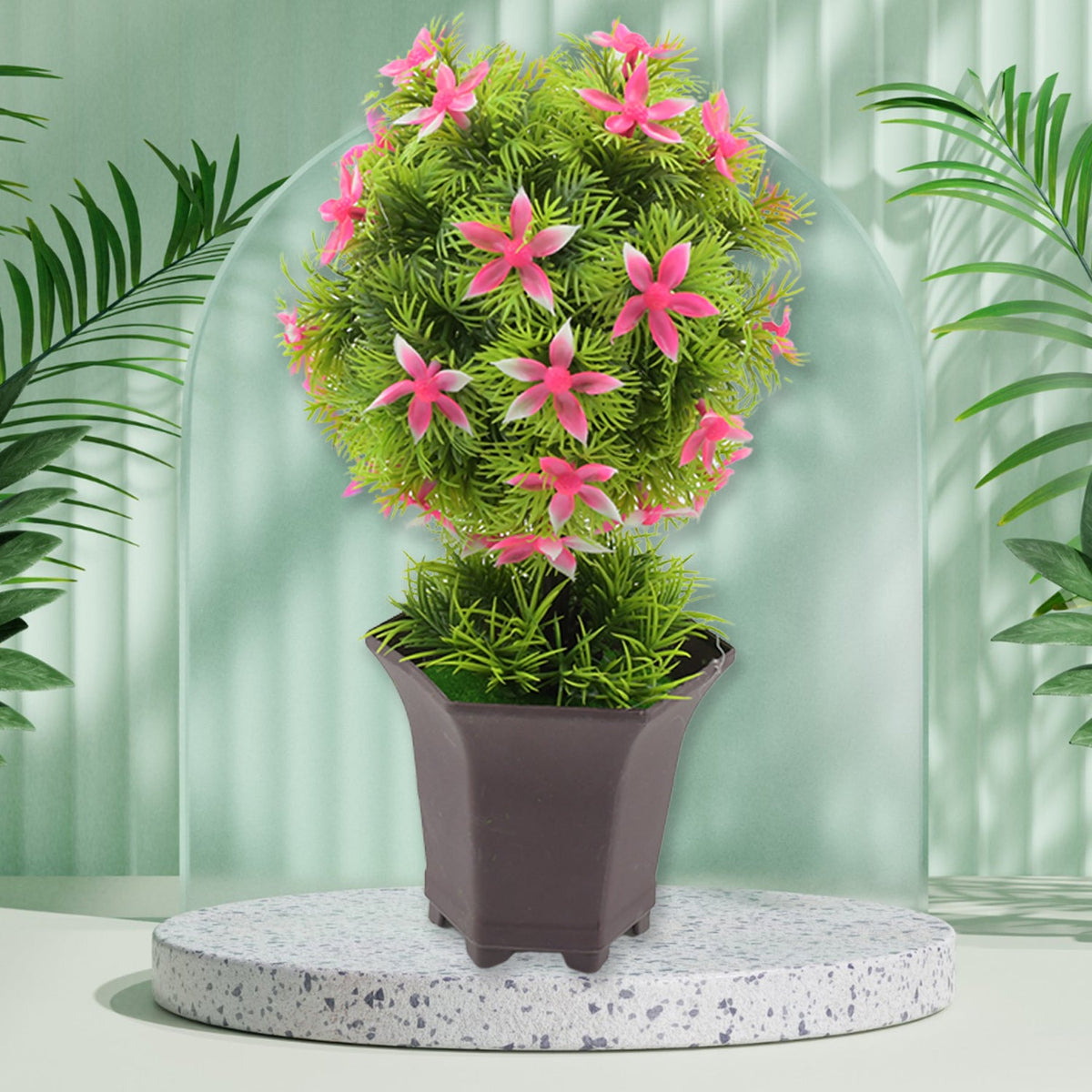 Artificial flower plant with a cute white pot on a wooden surface, enhancing home decor. Main image