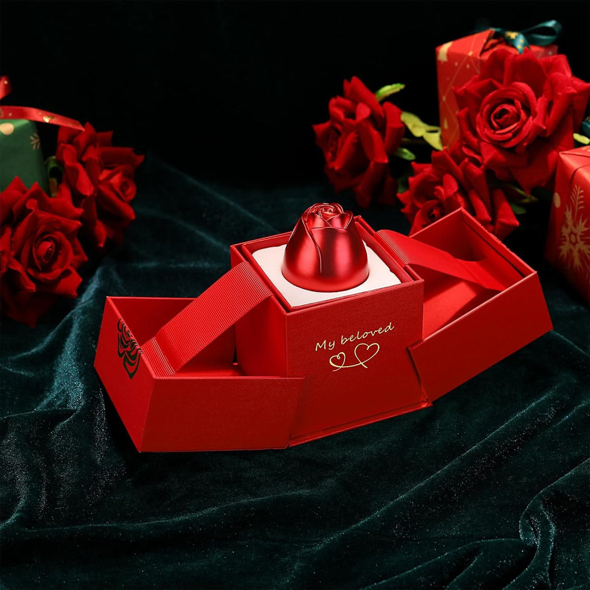Elegant rose ring box jewellery with magical red rose design Main image