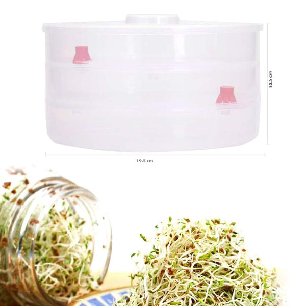 A person demonstrating how to fill the white plastic sprout maker with water for healthy sprouts.