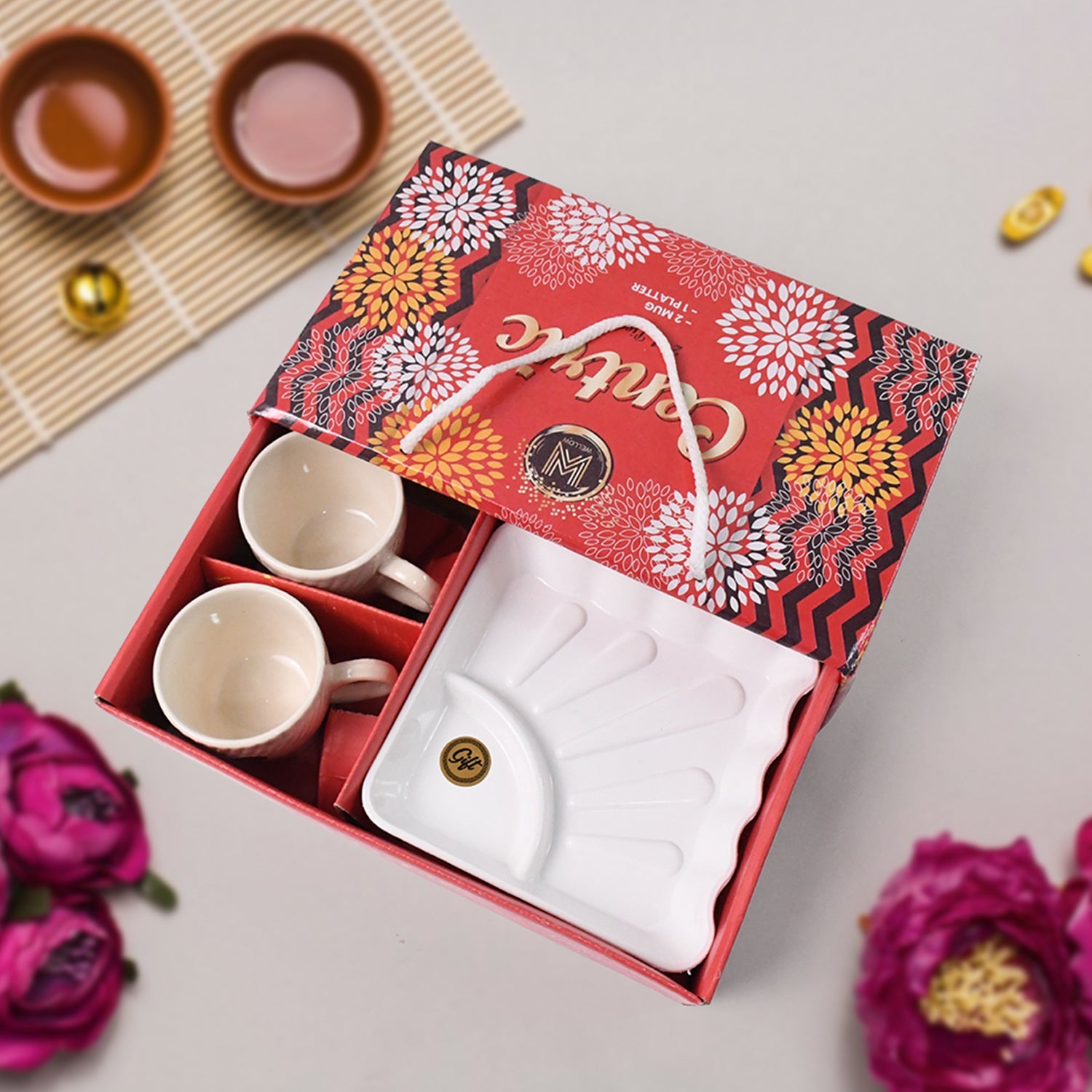 Ceramic Tea Cup Set – Includes Plastic Square Serving Platter Secondary image